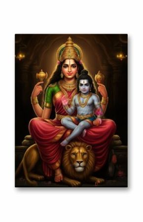 Illustration of hindu goddess lakshmi with baby krishna sitting on a lion, a symbol of power and grace