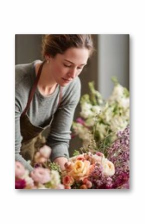 Side view of florist thoughtfully positioning various flowers and greenery to create a balanced and visually pleasing bouquet arrangement.