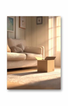 Open cardboard box sitting on carpet in living room with sofa in background