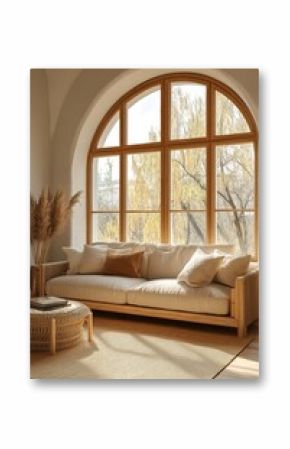 Arched windows and a beige sofa in an apartment, with a contemporary living room design capturing openness and light. Created with, Generative AI