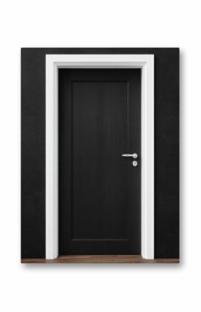 Black door with white frame on dark wall