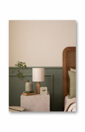 Bedroom interior with marble night table cozy bed, beige bedding, stylish lamp, plants in pots, clock, wall with stucco, carpet and personal accessories. Home decor. Template.