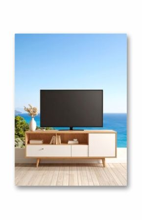 Modern living room with TV and ocean view