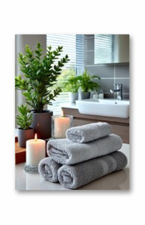 Bathroom scene with towels and plants