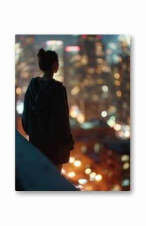 Woman gazing at city skyline during nighttime from rooftop with bright lights