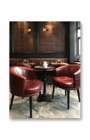 The Retro Cafe Interior has red leather seating and vintage decor, creating a warm atmosphere with a touch of nostalgia