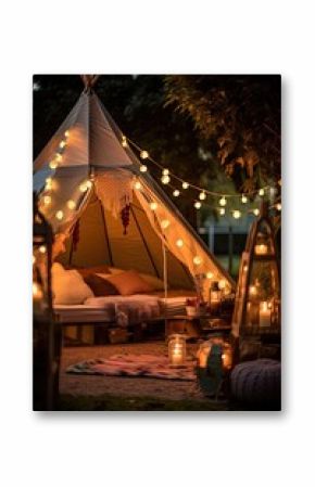 Canvas teepee, surrounded by colorful lanterns and scatter cushions, concept magical night under the stars