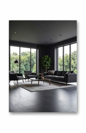 Dark, modern living room with large windows