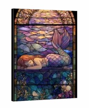 A serene mermaid, with auburn hair, rests on rocks at sunset, her iridescent tail extending into a vibrant underwater scene of sea flora and fauna, framed by arched stained-glass detailing