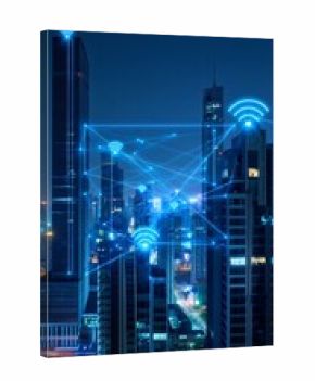 City skyline at night with glowing wifi signals connecting buildings