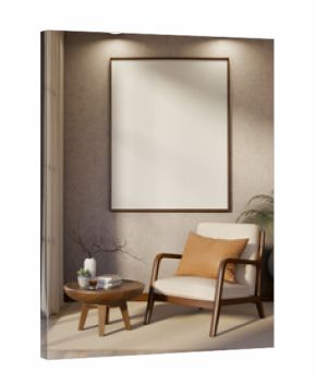 Wooden armchair with pillow cushion and side table at a room corner near window wall and blank frame