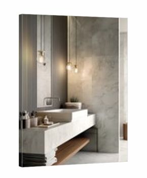 front view a premium and luxury style bathroom scenario washbasin with a mirror hanging upon marble wall and floor hyper realistic photography