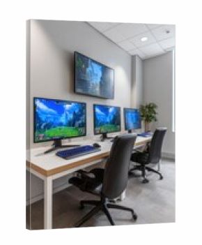 Gaming room featuring empty chairs positioned before computer screens showing virtual landscape, large wall display creating immersive digital environment