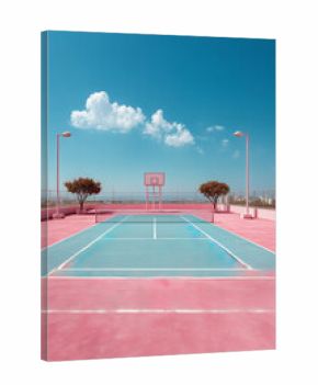 Cancha de tenis rosa minimalista bajo cielo azul, fotografía arquitectónica moderna aesthetic pista de tenis aislada, motel abandonado ruta 66 con pista de tenis rosa 