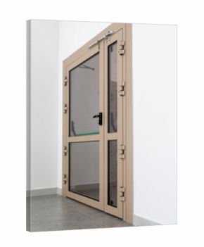Modern fire door is reliable, functional entrance to public or administrative building. Beige fire door with transparent glass sections and metal frame for hospitals, schools or office buildings