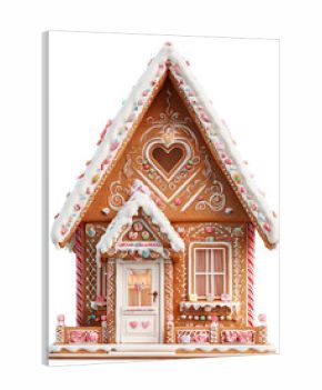 Whimsical gingerbread house front elevation featuring candy trim and central heart window, isolated on transparent background. 
