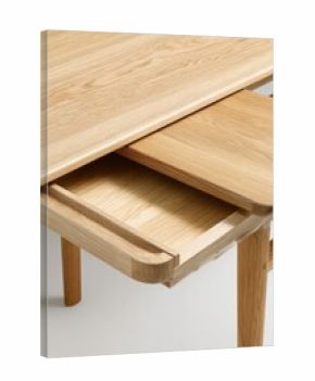 Contemporary wooden dining table with extension leaf and built-in drawer for modern interiors
