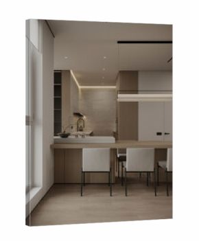Minimalist open kitchen and dining area with clean lines, neutral colors, and natural wood finishes. Elegant and functional space.