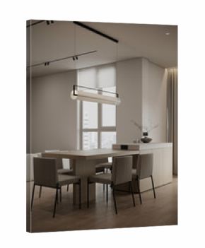 Close-up of modern dining area with sleek wooden table, soft fabric chairs, and pendant lighting in a minimalist, bright interior.