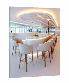 Modern white and gold bar counter illuminating futuristic cafe interior