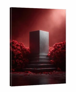 concrete podium surrounded by red roses on a red foggy background