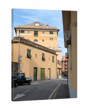 Old street, road in Italian countryside near sea. Traditional building. Sun day. Entrance, window to house. Nature and sky.