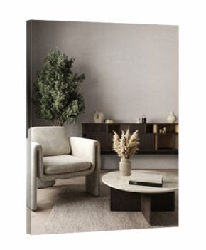 Modern gray livingroom with cabinet, green plants and armchairs background. Light modern japanese nature view. 3d rendering. High quality 3d illustration