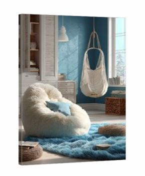Cozy living room with a fluffy beanbag chair and a hanging swing chair.