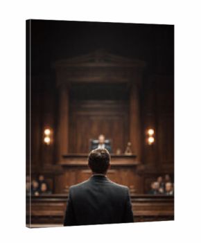 Man faces judge in courtroom. Represents justice, law, legal battle, or the weight of decisions. Dramatic lighting and composition convey tension. Use for news, blogs, or ads.