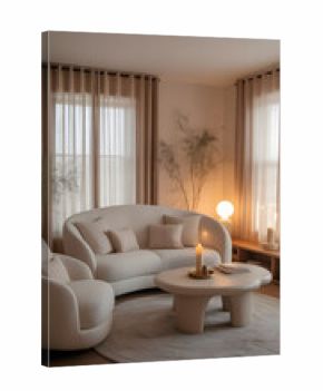 Cozy minimalist living room with neutral palette and modern furniture. 