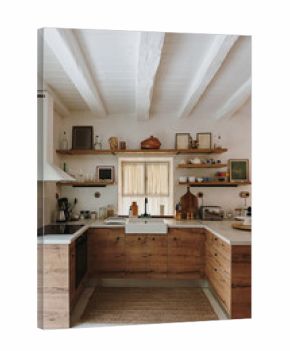 Rustic Modern Kitchen with Wooden Cabinets and White Beams, Warm and Inviting Mediterranean Aesthetic