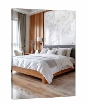 Modern bedroom interior design featuring marble wall and wooden furniture