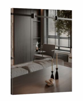 A cozy modern interior with an armchair and side table, featuring a diffuser releasing soft smoke. The room has a clean, stylish look with large windows and an indoor plant in the corner.
