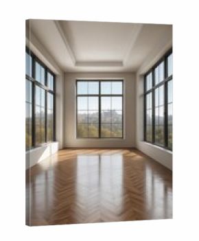empty gallery room with herringbone wood floors and large windows