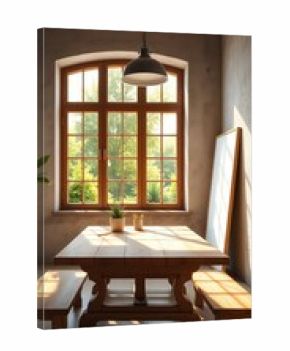 Sun Drenched Room with Rustic Wooden Table, Benches, and Large Window Overlooking a Lush Green Landscape