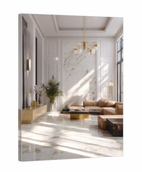 Opulent, high-end living room boasting dramatic gold-veined marble floors and a striking feature wall. Features include a luxurious camel-colored sectional sofa, elegant brass fixtures