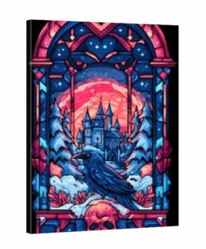 Stylized dark fantasy scene with raven skull castle and stained glass window elements
