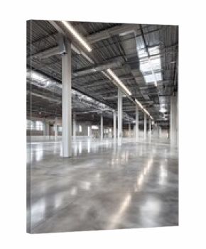 Spacious Empty Warehouse Interior with Polished Concrete Floors and White Columns