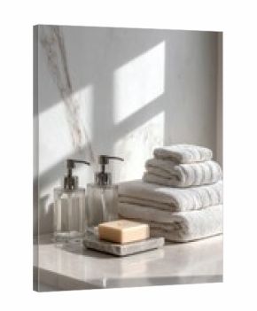 Sunlit bathroom counter with stacked towels, soap, and dispensers.  Clean, minimalist aesthetic