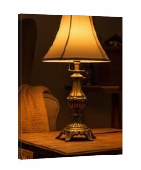 A warm, inviting table lamp with a light beige shade casts a gentle glow in a dimly lit room.