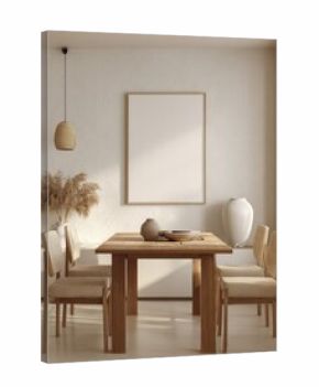 Serene Dining Room with Natural Light, Minimalist Decor, and Warm Earth Tones.