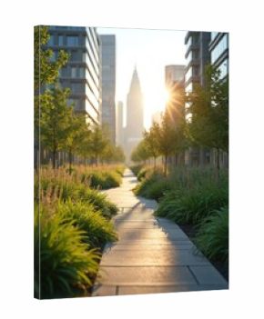 Green eco city features gardens in urban area. Walkway with trees amid modern buildings. Eco-friendly design integrates green spaces. Sustainable urban planning concept for better environment.
