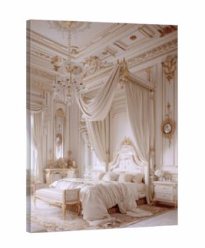 incredibly opulent and elegant master bedroom in neoclassical or baroque style. Features ornate gold and white molding, canopy bed draped with silk, crystal chandelier, and detailed antique furniture