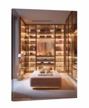 Opulent, well-lit walk-in closet featuring floor-to-ceiling glass cabinets with brass framing, led lighting, showcasing designer accessories, clothing, footwear. Pink velvet ottoman sits centrally
