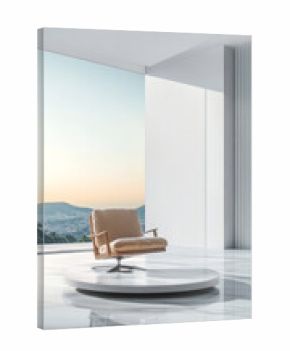 Modern interior design showcases a stylish swivel chair against a stunning mountain backdrop during dusk