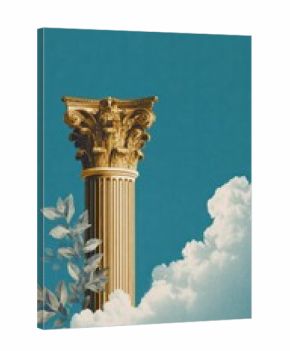 Golden Corinthian column piercing through surreal clouds in blue sky