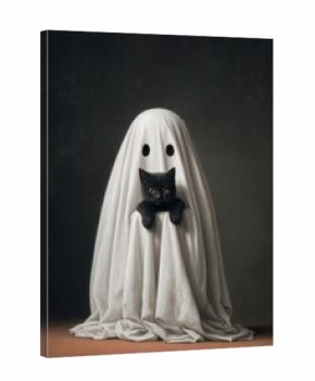 Black cat peeking from spooky ghost costume