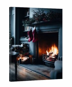 Cozy fireplace setting with stockings and festive decor during winter season