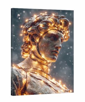 David statue wrapped in glowing lights during a winter scene with falling snowflakes