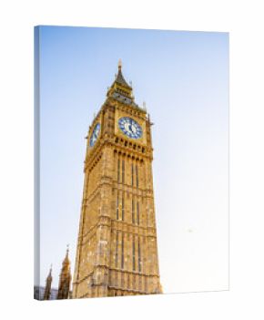 Big Ben, a famous clock tower in London, showcases its intricate architecture. The sky is clear, and the structure reflects sunlight, highlighting its iconic features.